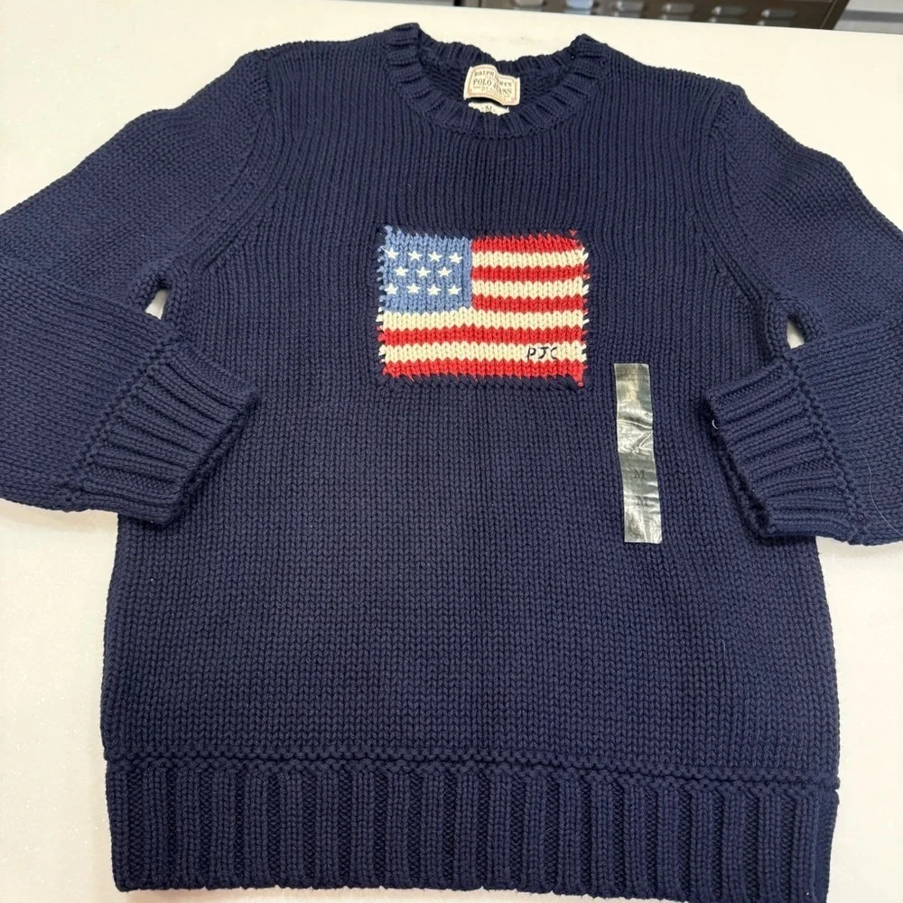 Ralph Lauren Unisex Kids Iconic Flag Sweater Crew Neck Cotton Sz M